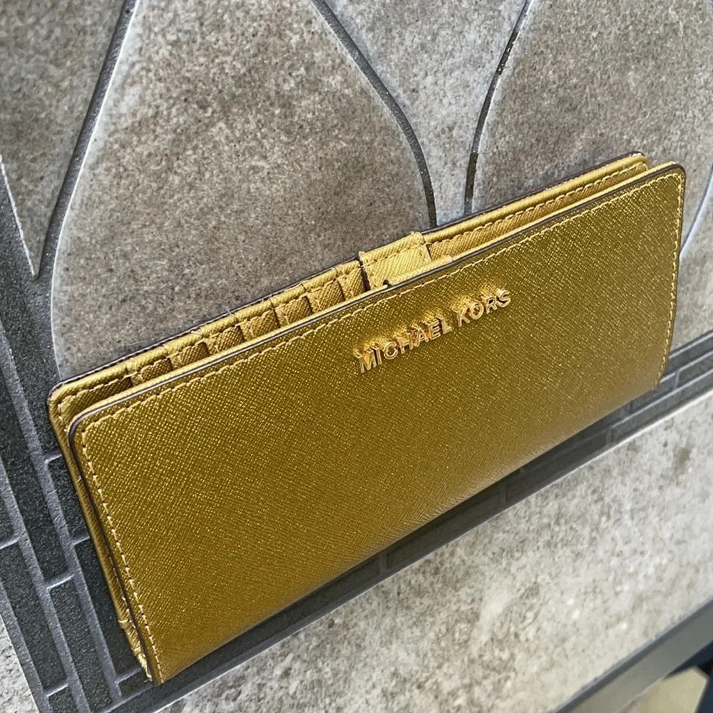 Michael Kors Medium Flat Slim Bifold Wallet Old Gold Leather